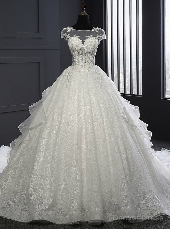 White Lace Tulle Cap Sleeve Backless Pearls Wedding Dress Main image