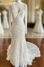 White Lace V Neck Lace Up Back Long Sleeve Mermaid Wedding Dresses Sexy