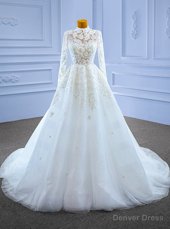White Long Sleeve High Neck Beading Wedding Dress Main image