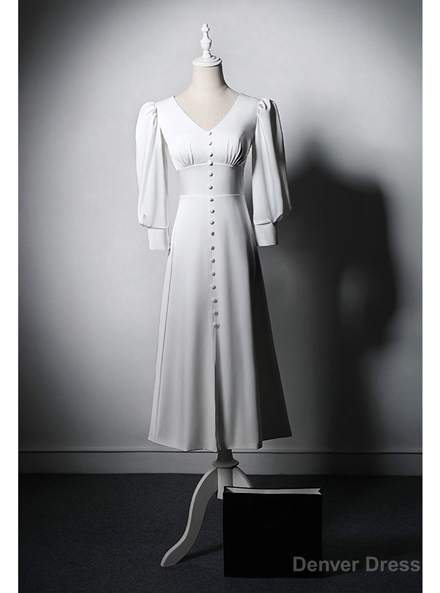 White Long Sleeve V Neck Button Wedding Dresses