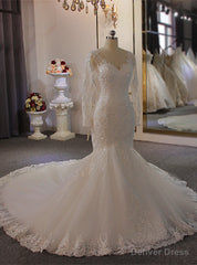 White Long Sleeve V-neck Pearls Wedding Dress