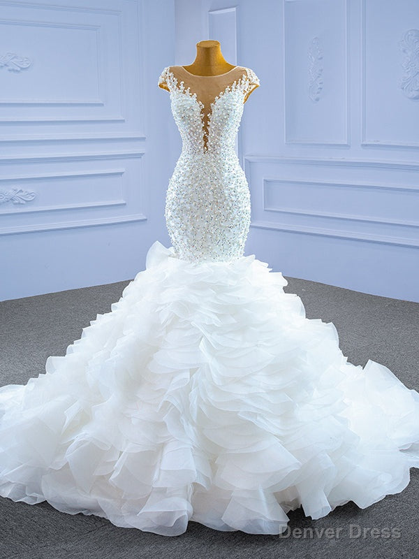 White Mermaid Beading Pearls Cap Sleeve Wedding Dresses