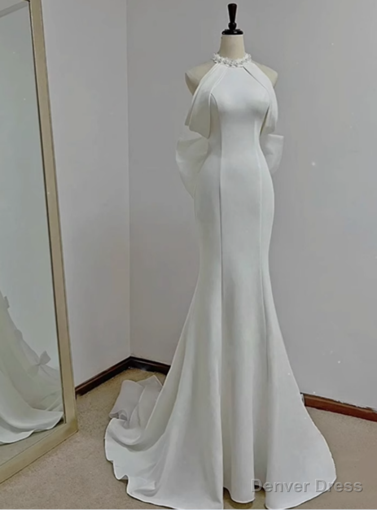 White Mermaid Halter Bow Wedding Dress Main image