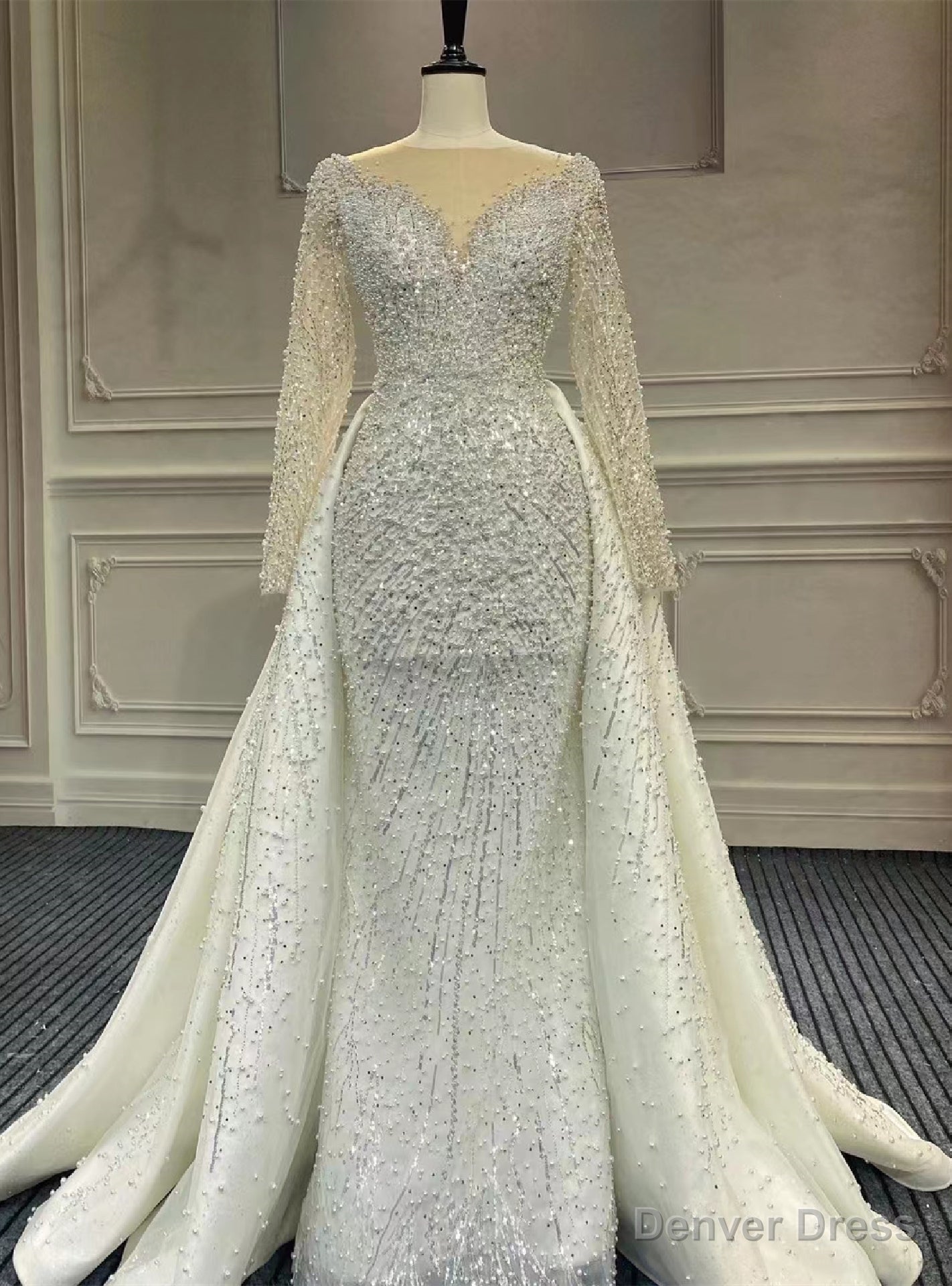 White Mermaid Heavy Beading Long Sleeve Backless Wedding Dresses