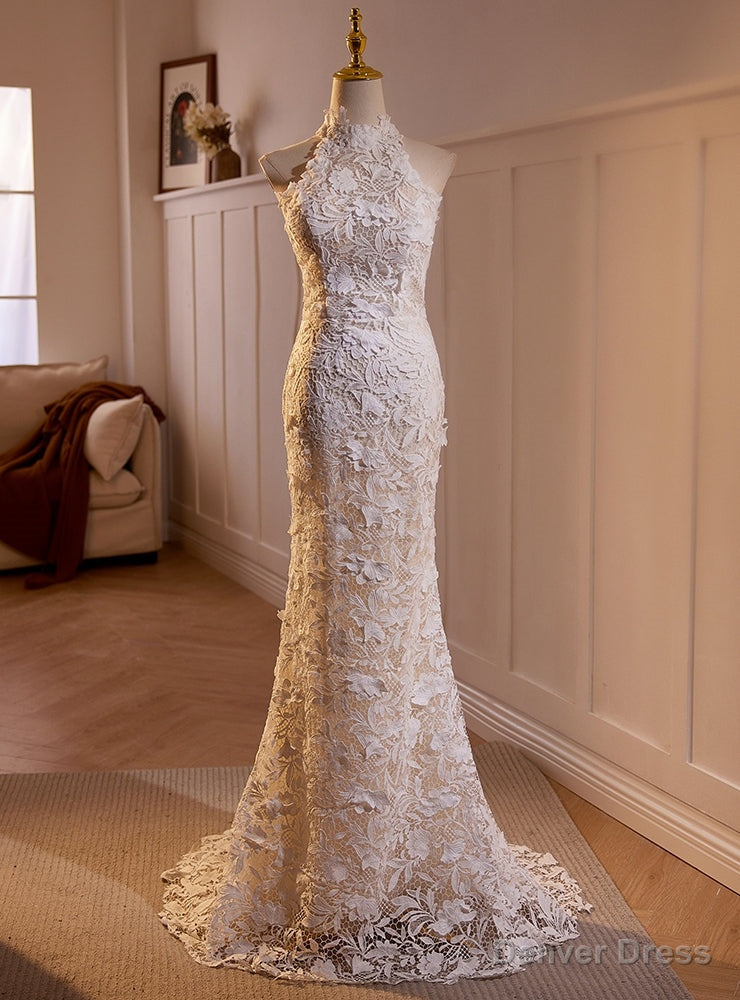 White Mermaid Lace High Neck Backless Wedding Dresses