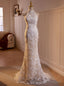 White Mermaid Lace High Neck Backless Wedding Dresses
