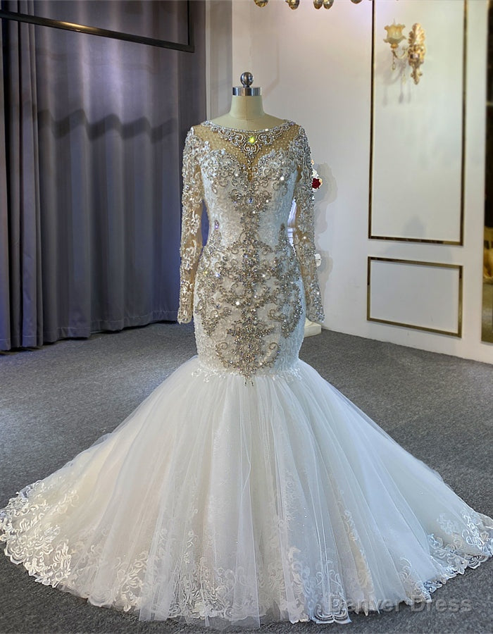 White Mermaid Lace Long Sleeve Beading Crystal Wedding Dress Main image