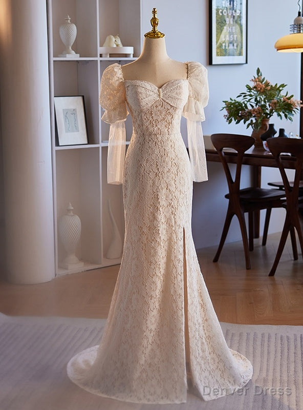White Mermaid Lace Long Sleeve Square Neck Wedding Dress Main image