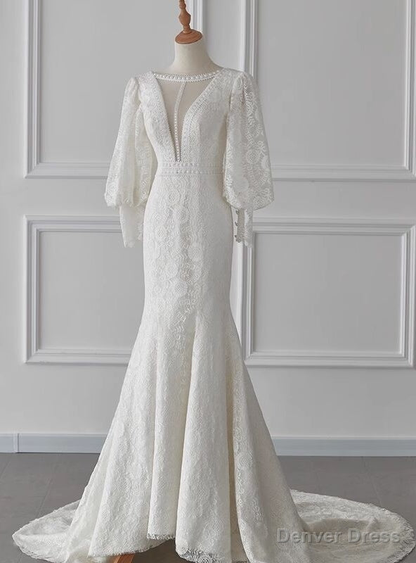 White Mermaid Lace Long Sleeve Wedding Dresses