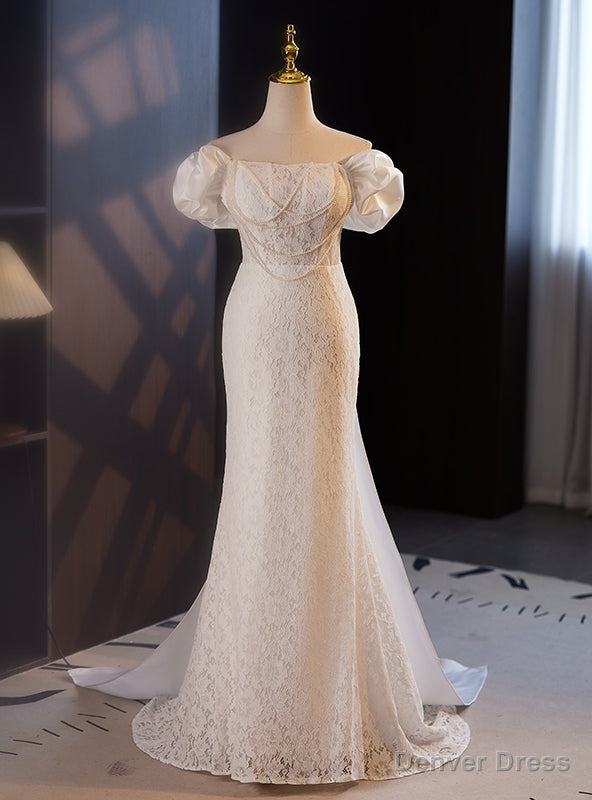 White Mermaid Lace Satin Off the Shoulder Wedding Dresses
