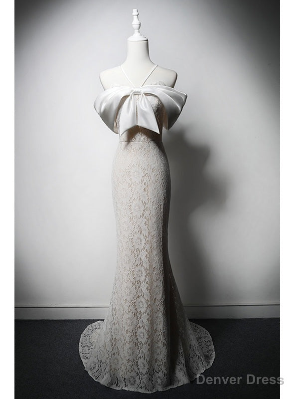 White Mermaid Lace Spaghetti Straps Bow Wedding Dresses Main image