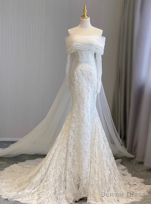 White Mermaid Lace Tulle Long Sleeve Wedding Dresses