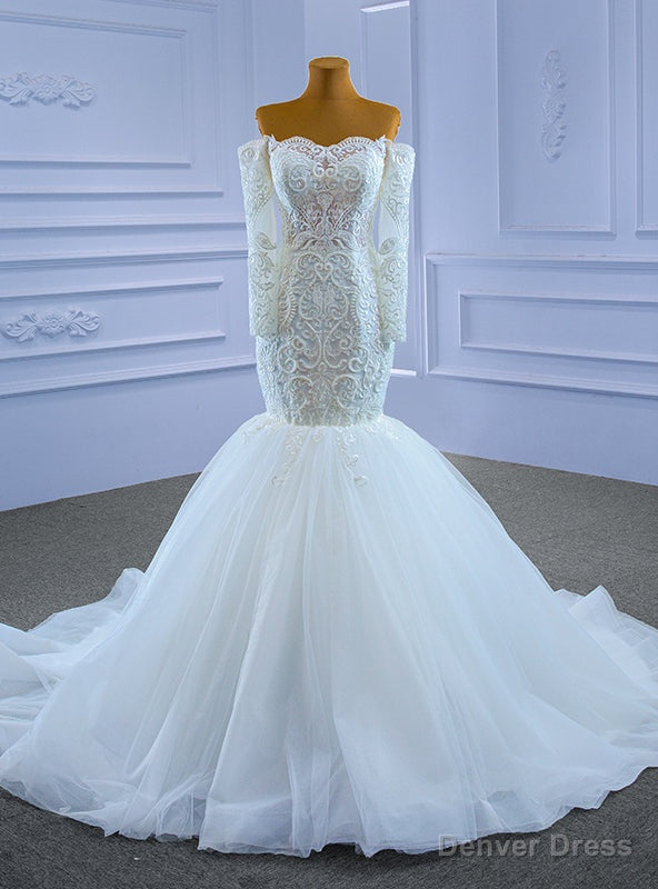 White Mermaid Long Sleeve Appliques Beading Wedding Dress Main image