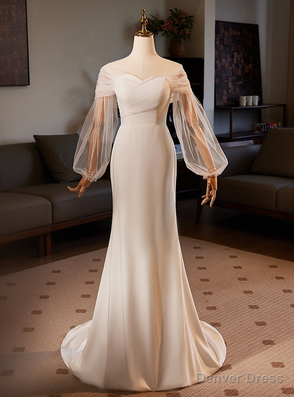 White Mermaid Long Sleeve Pleats Wedding Dress Main image