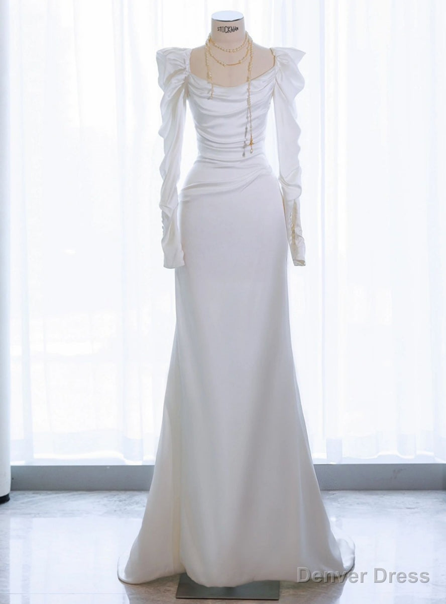 White Mermaid Long Sleeve Square Pleats Wedding Dress