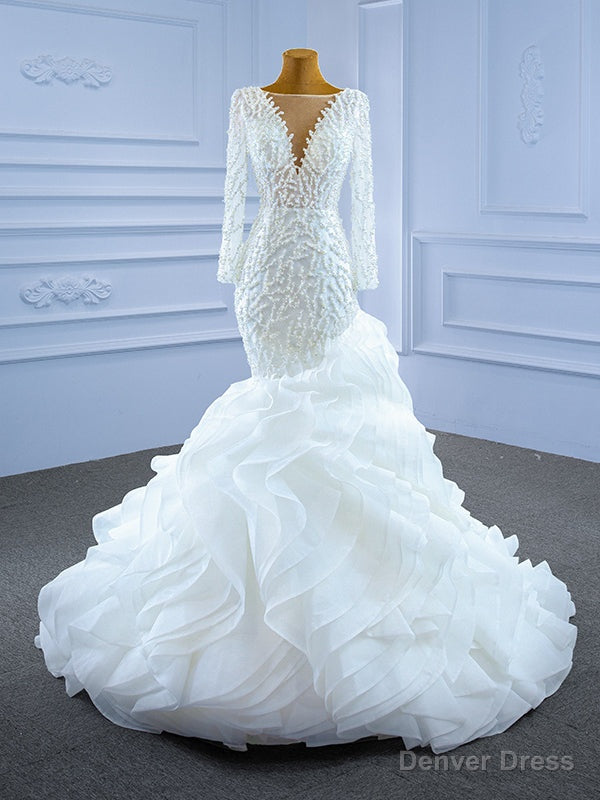 White Mermaid Long Sleeve Tulle Pearls Wedding Dresses