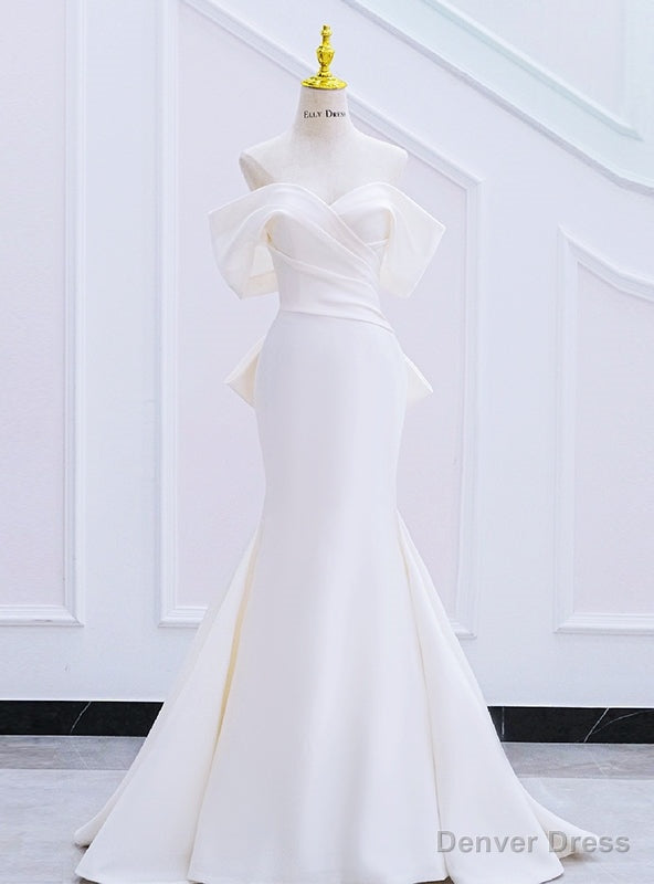 White Mermaid Off the Shoulder Pleats Bow Wedding Dress