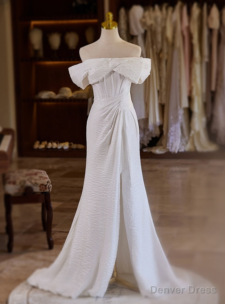 White Mermaid Off the Shoulder Pleats Split Wedding Dresses