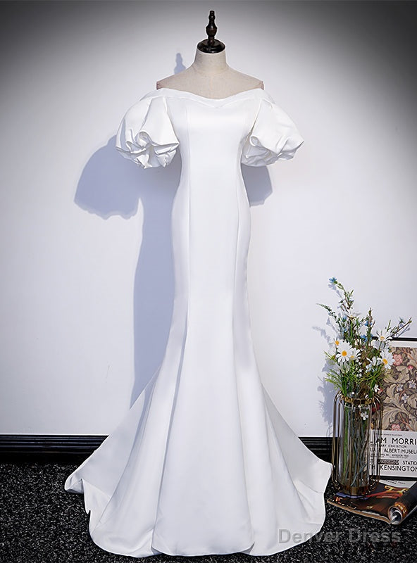 White Mermaid Off the Shoulder Puff Sleeve Prom Dresses