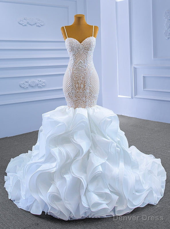 White Mermaid Organza Appliques Beading Wedding Dress Main image