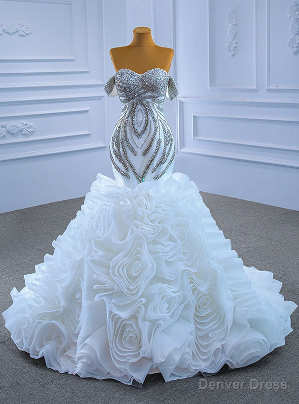 White Mermaid Organza Beading Crystal Wedding Dress