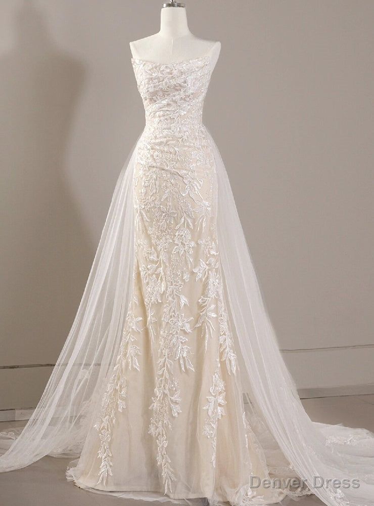 White Mermaid Pleats Lace Strapless Wedding Dresses
