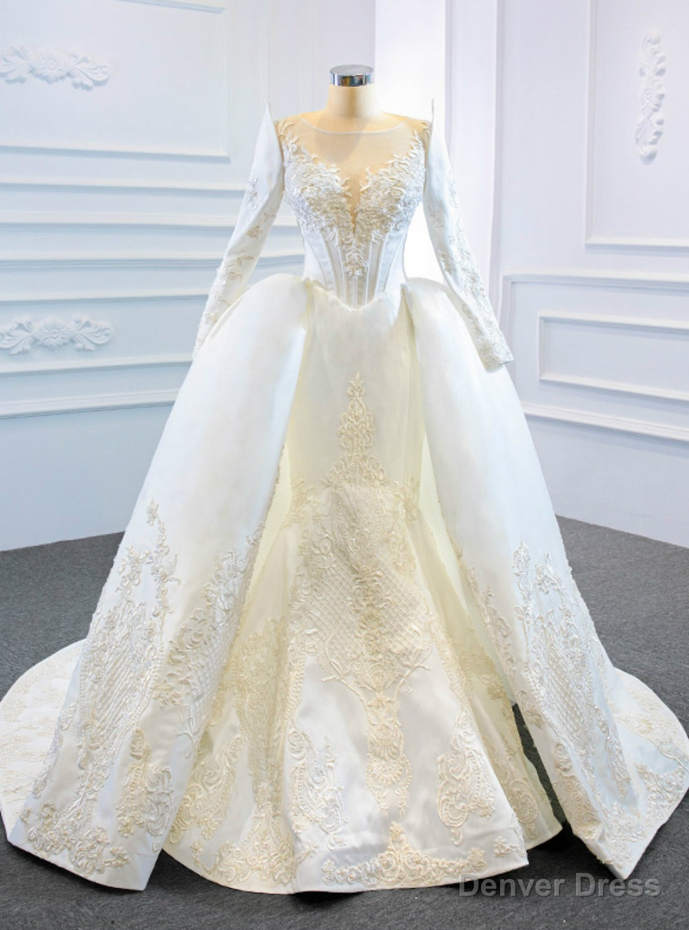White Mermaid Satin Appliques Long Sleeve Beading Wedding Dress Main image
