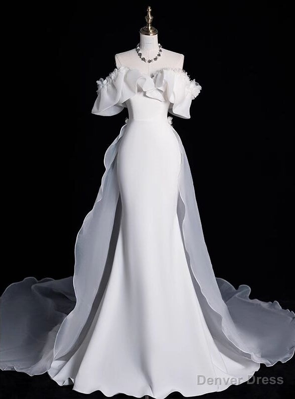 White Mermaid Satin Flower Off the Shoulder Wedding Dress Main image