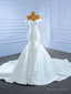 White Mermaid Satin Off the Shoulder Pearls Wedding Dress
