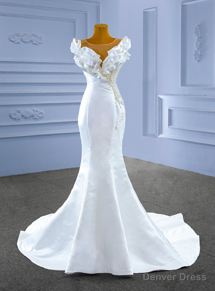 White Mermaid Satin Pearls Pleats Wedding Dress