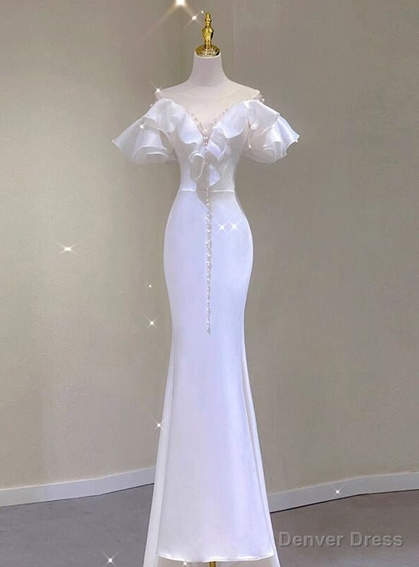 White Mermaid Satin Pearls Wedding Dress Main image