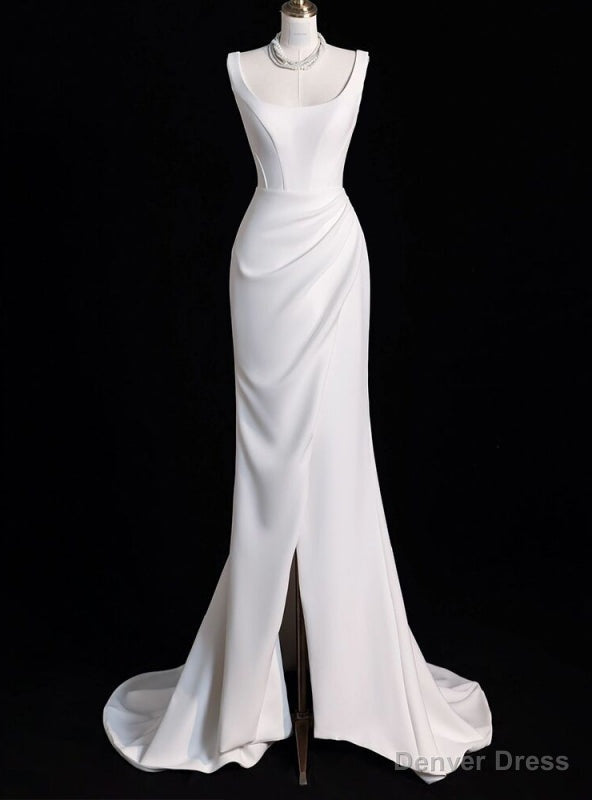 White Mermaid Satin Pleats Split Wedding Dresses