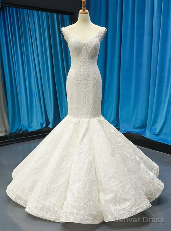White Mermaid Satin Sequins Appliques V Neck Backless Wedding Dresses