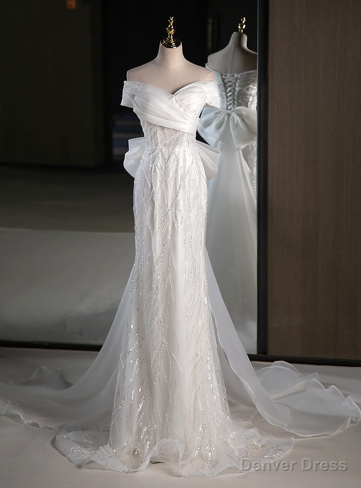 White Mermaid Sequins Appliques Off the Shoulder Wedding Dres Main image