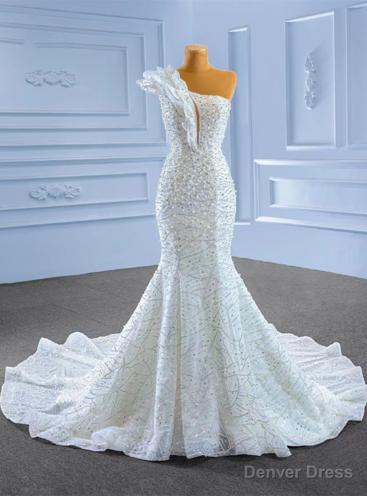 White Mermaid Sequins Beading One Shoulder Wedding Dress Main image