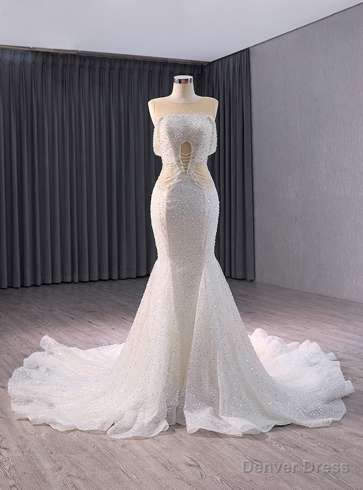 White Mermaid Sequins Beading See Through Wedding Dress Main image