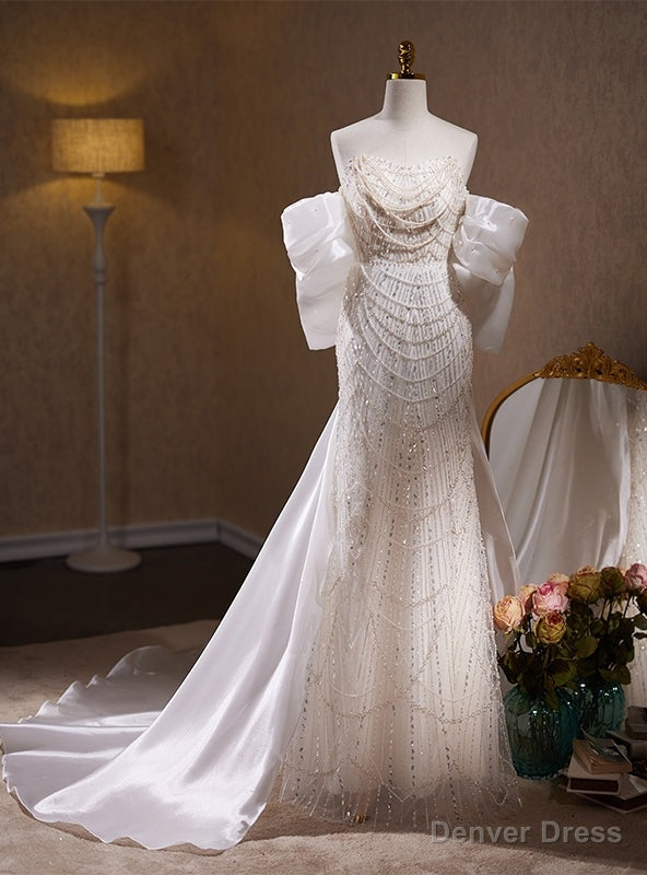 White Mermaid Sequins Beading Strapless Wedding Dress Main image