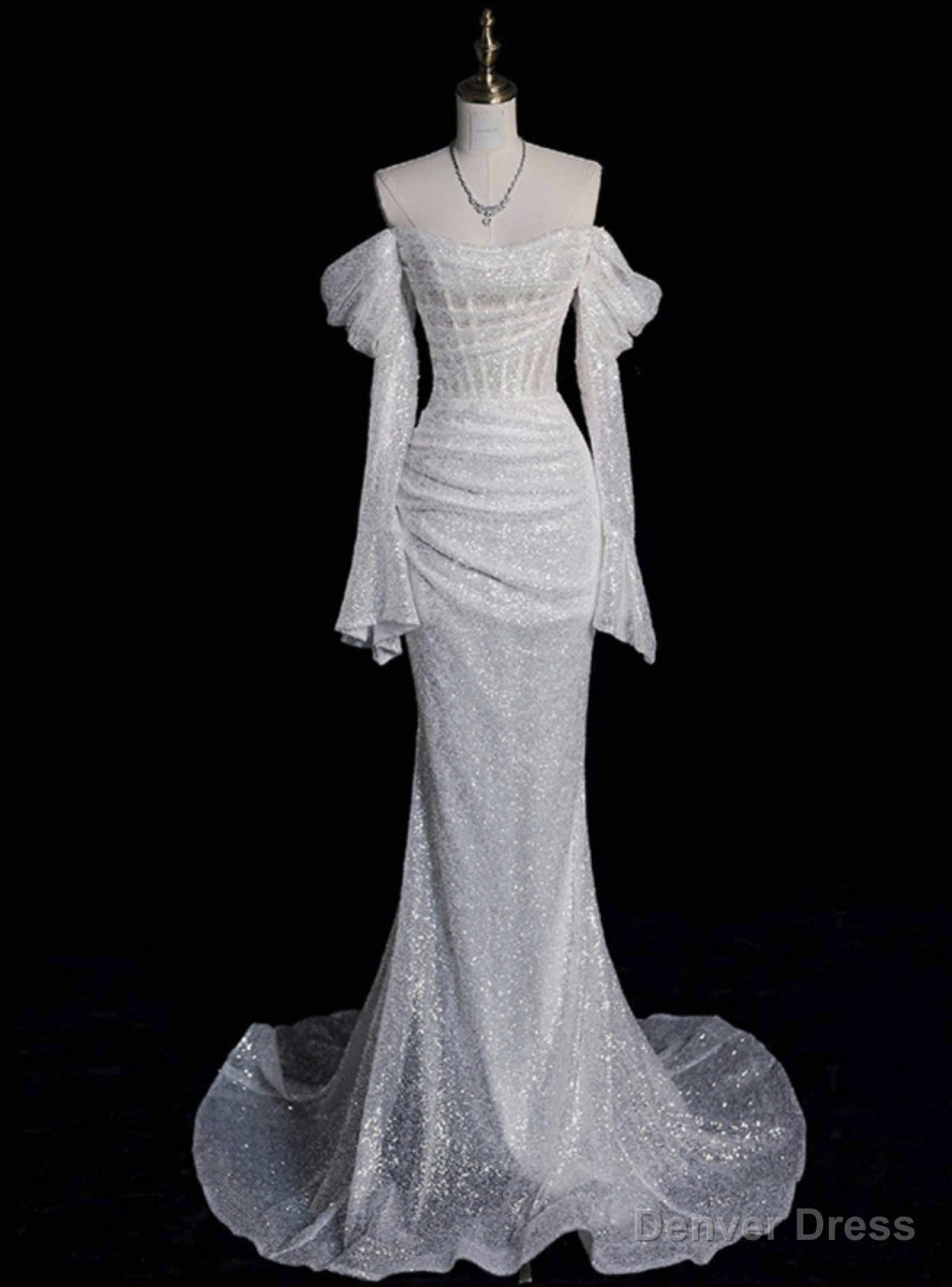 White Mermaid Sequins Long Sleeve Wedding Dresses