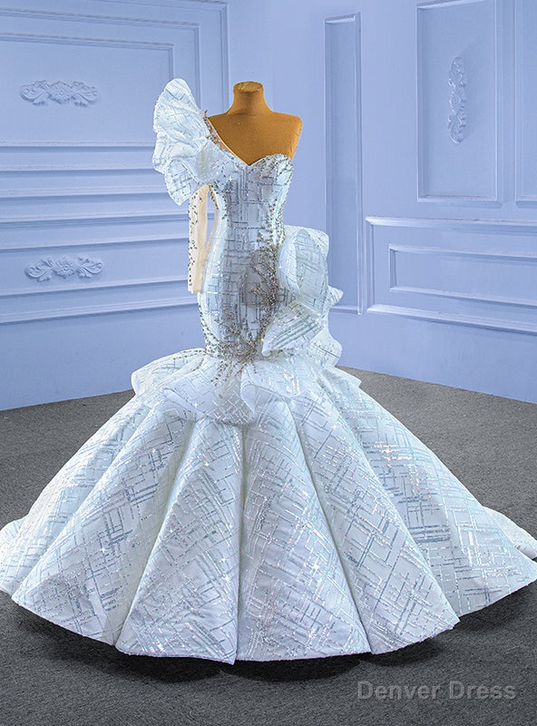 White Mermaid Sequins One Shoulder Beading Wedding Dress Main image