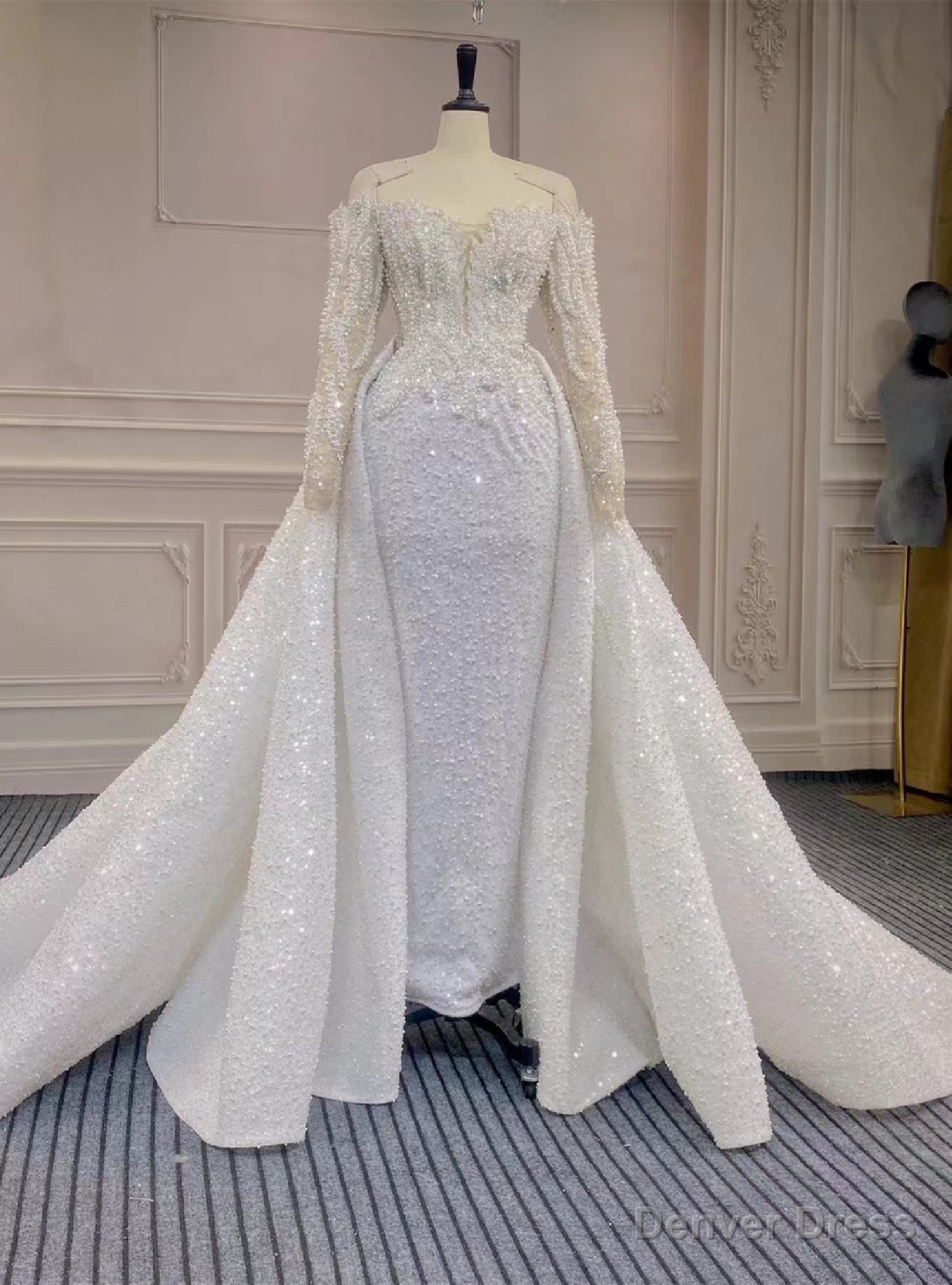 White Mermaid Sequins Pearls Long Sleeve Wedding Dress With Detachable Train Main image