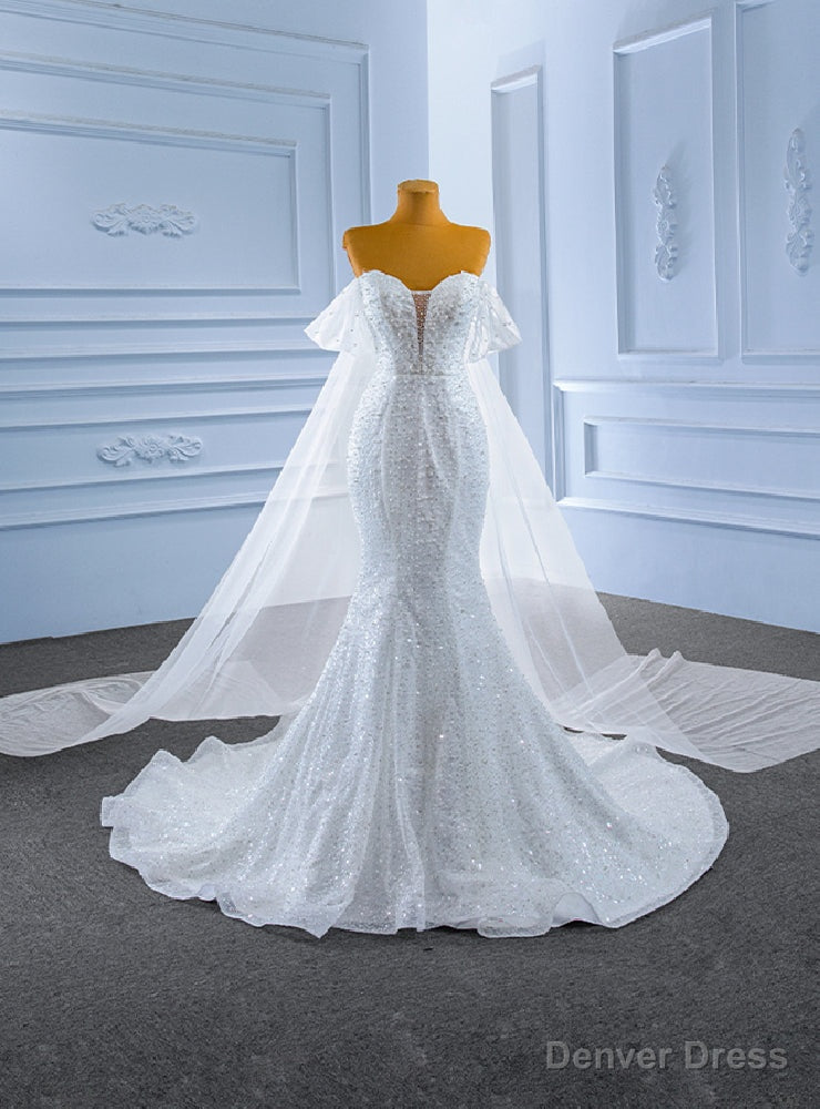 White Mermaid Sequins Pearls Wedding Dress Main image