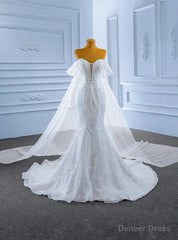 White Mermaid Sequins Pearls Wedding Dress