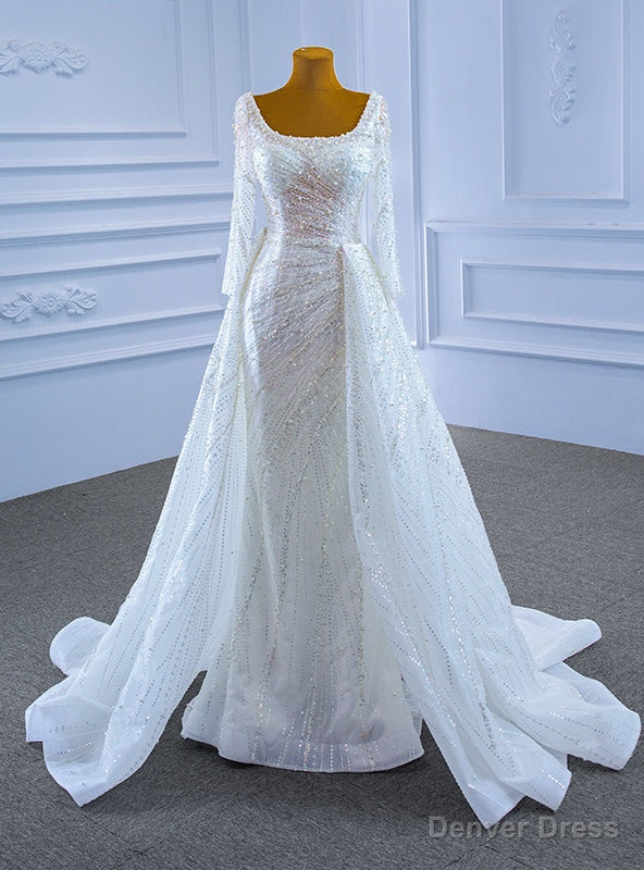 White Mermaid Sequins Square Long Sleeve Pearls Wedding Dress Main image