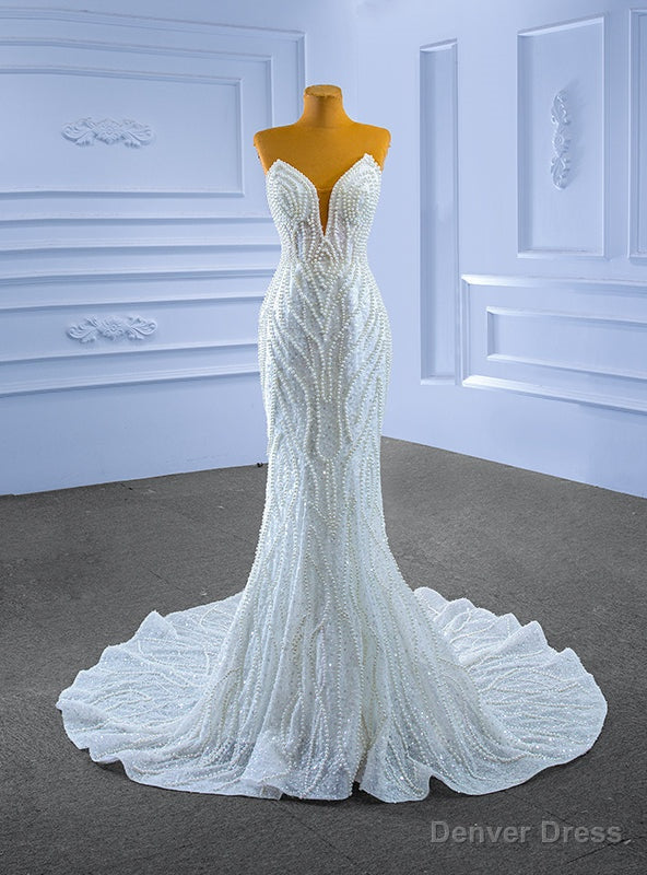 White Mermaid Sequins Strapless Pearls Wedding Dresses