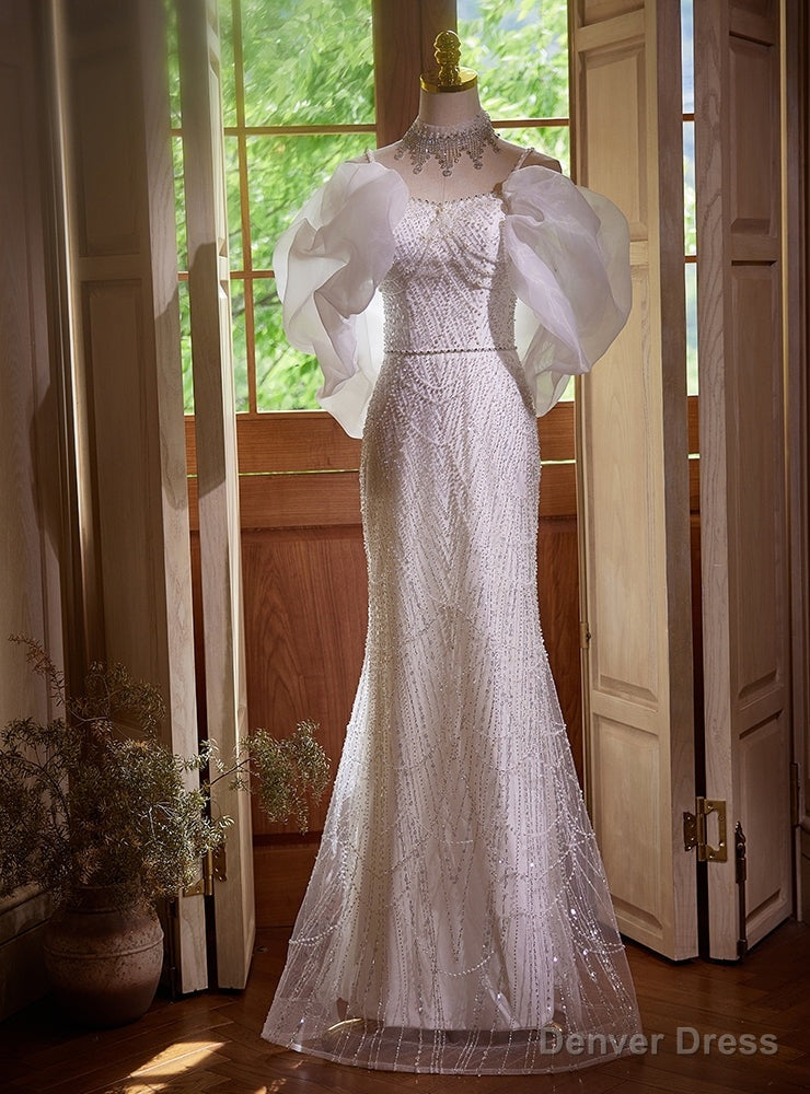 White Mermaid Spaghetti Straps Beading Wedding Dresses Main image