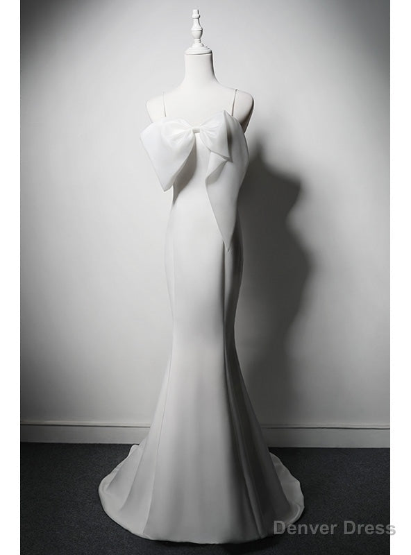 White Mermaid Spaghetti Straps Bow Wedding Dress Main image