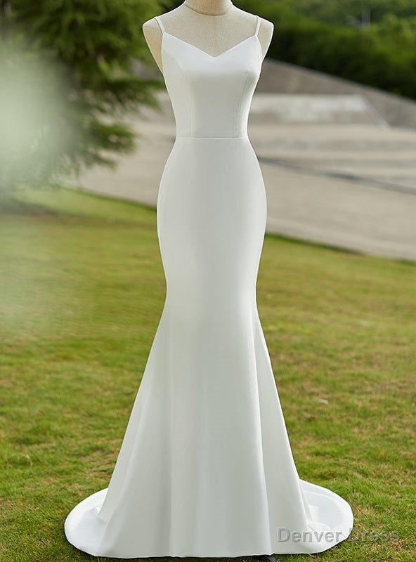 White Mermaid Spaghetti Straps Cross Straps Back Wedding Dresses Main image