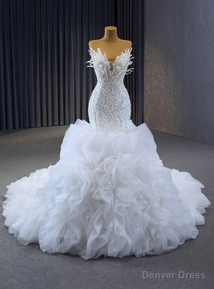 White Mermaid Strapless Beading Prom Dress Main image