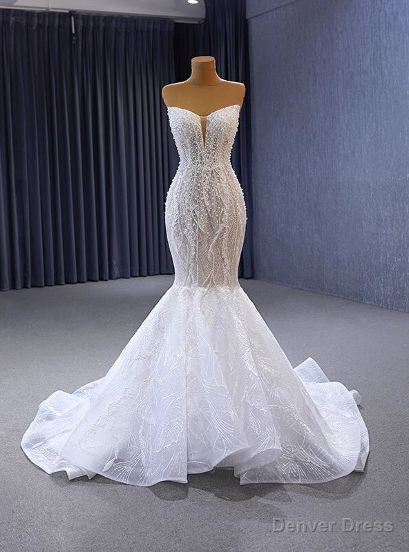 White Mermaid Strapless Pearls Wedding Dress Main image