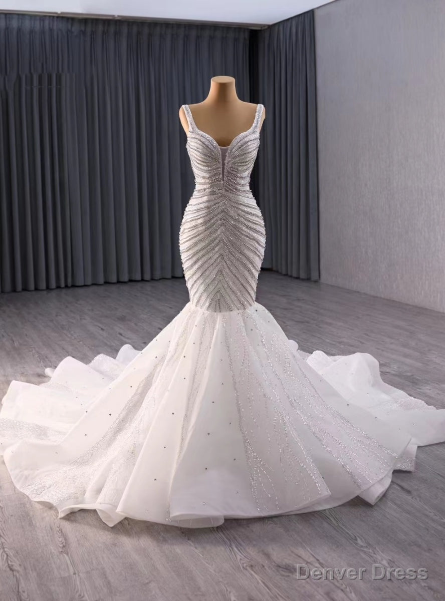 White Mermaid Straps Beading Prom Dress Main image